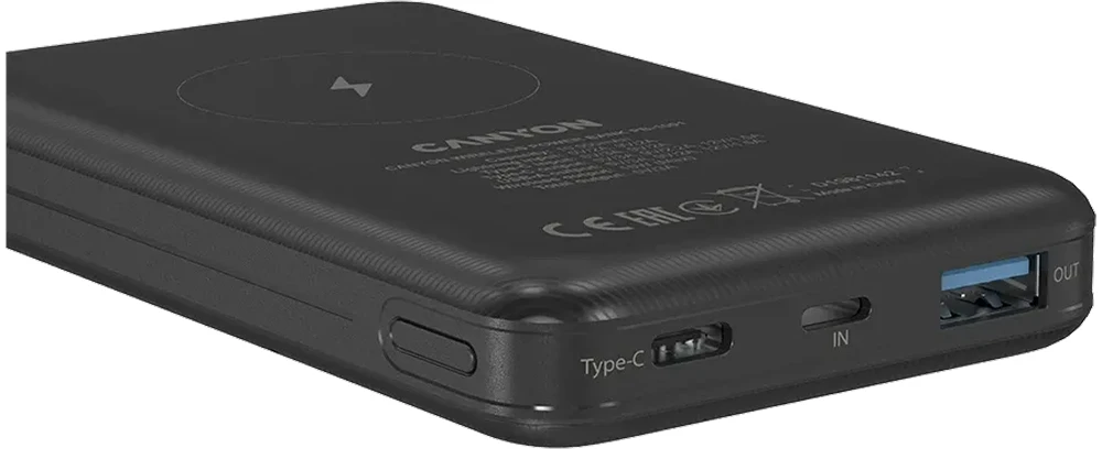 CANYON maitinimo blokas PB-1001 10000 mAh PD 18W QC 3.0 Wireless 10W Juodas