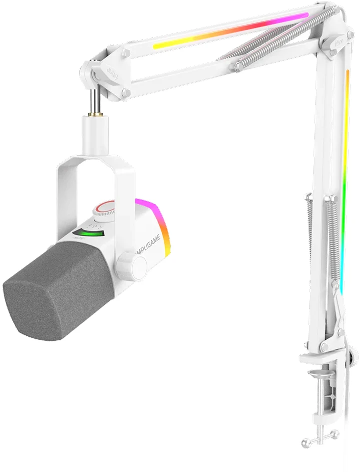 FIFINE AmpliGame AM8W PROT laidinis mikrofonas su stovu ir RGB apšvietimu USB/XLR