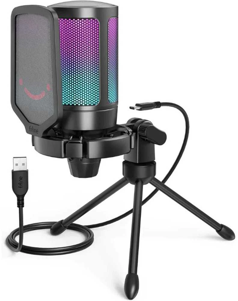 Fifine AmpliGame A6V RGB mikrofonas žaidimams | podcast'ai | upeliai | trikojis | juodas
