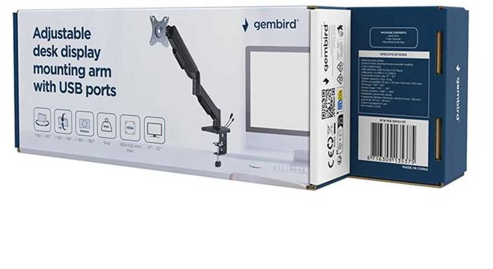 Gembird Stalinis laikiklis vienam monitoriui su USB jungtimis (reguliuojamas), nuo 17 iki 32 colių, keliamoji galia iki 9kg
