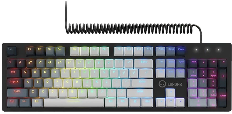 LORGAR Azar 514, Laidinė mechaninė žaidimų klaviatūra, RGB apšvietimas, 1680000 spalvų variacijų, 18 režimų, mygtukų skaičius: 104, 50M paspaudimų, linijiniai sapnų jungikliai, spyruoklinis kabelis iki 3,4m, ABS plastikas+metalas, magnetinis dangtelis, 450*136*39mm, išdėstymas baltas 1.17mm