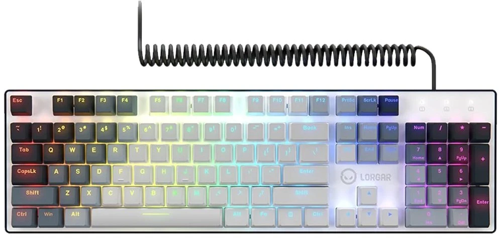 LORGAR Azar 514, Laidinė mechaninė žaidimų klaviatūra, RGB apšvietimas, 1680000 spalvų variacijų, 18 režimų, mygtukų skaičius: 104, 50M paspaudimų, linijiniai sapnų jungikliai, spyruoklinis kabelis iki 3,4m, ABS plastikas+metalas, magnetinis dangtelis, 450*136*39mm, išdėstymas baltas 1.17mm