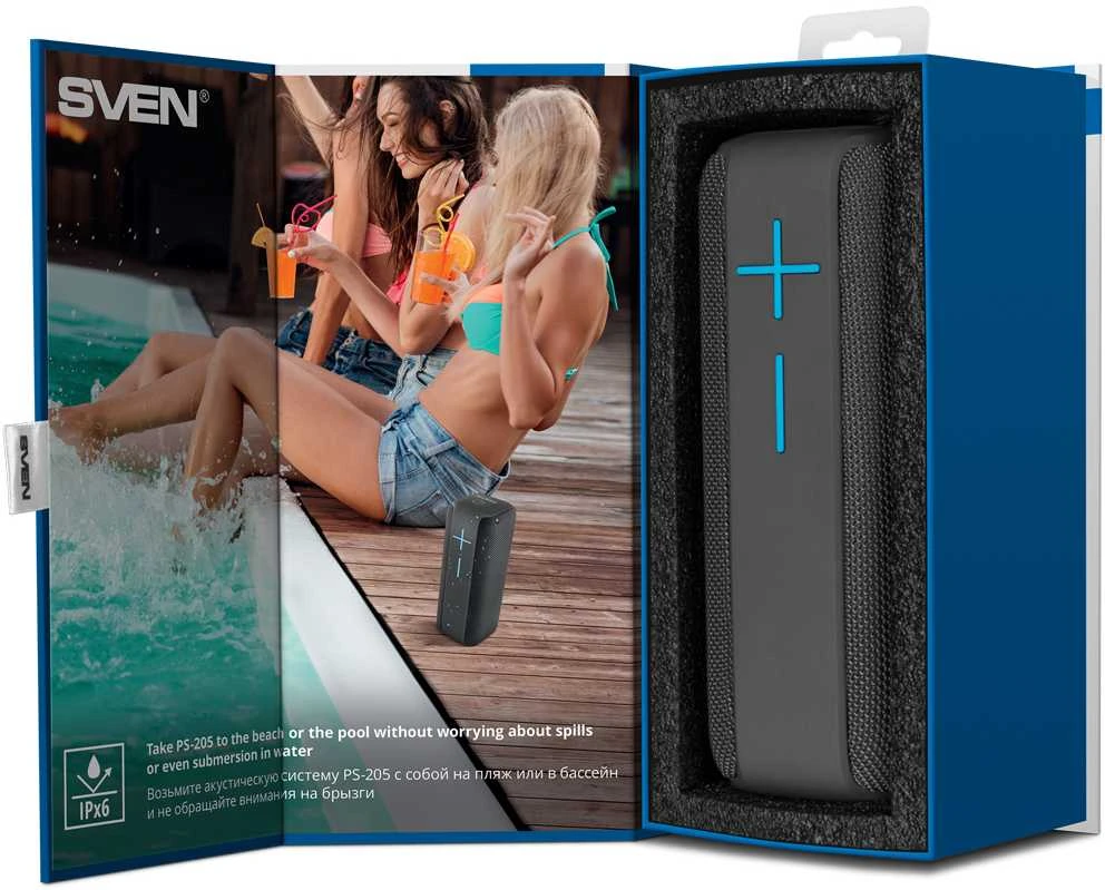 Speaker SVEN PS-205, juodas (12W, Atsparus vandeniui (IPx6), TWS, Bluetooth, FM, USB, Micro SD, 1500mA*h); SV-019761