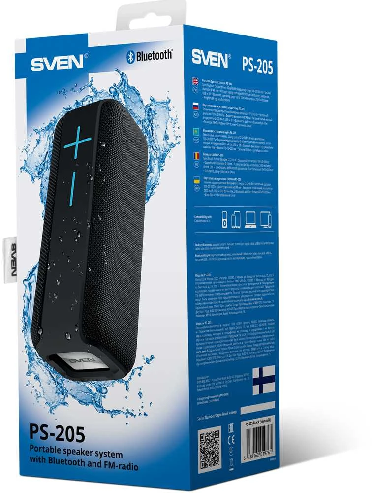 Speaker SVEN PS-205, juodas (12W, Atsparus vandeniui (IPx6), TWS, Bluetooth, FM, USB, Micro SD, 1500mA*h); SV-019761