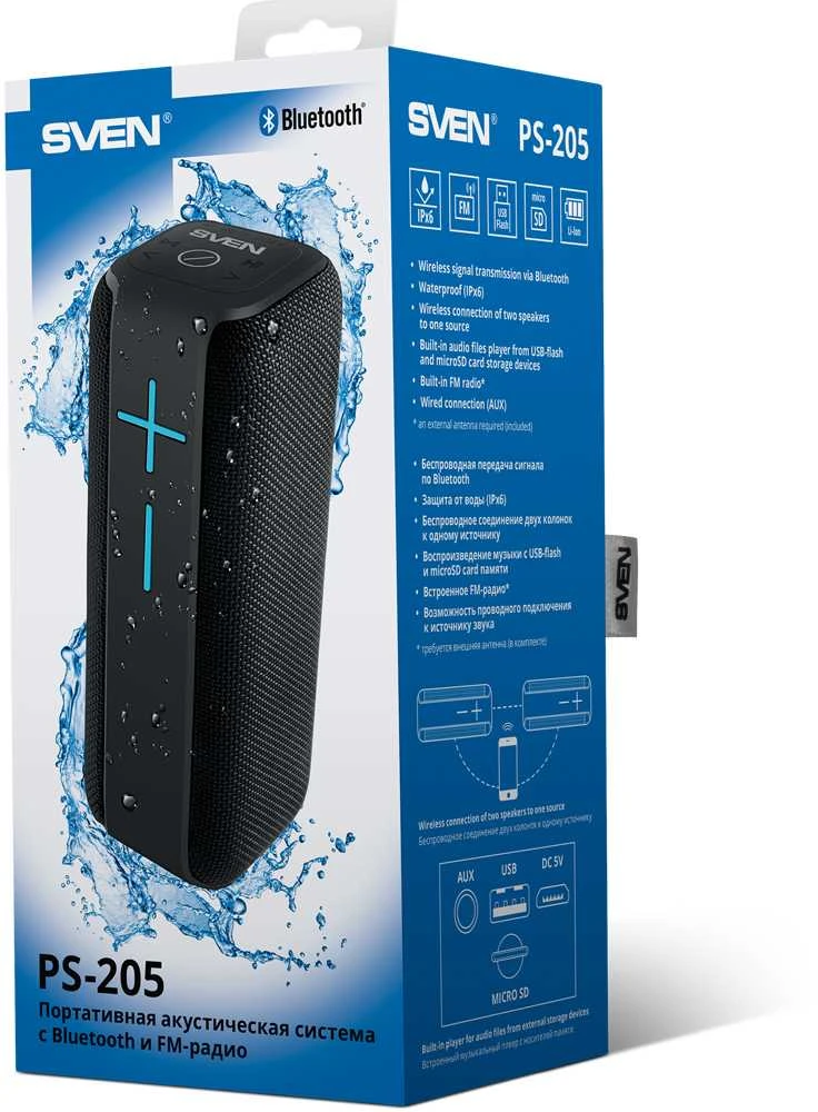 Speaker SVEN PS-205, juodas (12W, Atsparus vandeniui (IPx6), TWS, Bluetooth, FM, USB, Micro SD, 1500mA*h); SV-019761