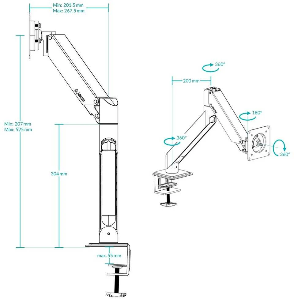 ARCTIC X1-3D 40"-43" monitoriaus spyruoklinis laikiklis