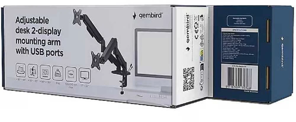 „Gembird MA-DA2U-01“ reguliuojamo aukščio stalo laikiklis 2 ekranams su USB jungtimis, 17–32 coliai, juodas