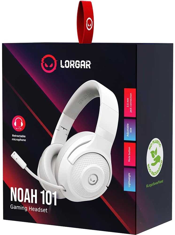LORGAR Noah 101, Žaidimų ausinės su mikrofonu, 3.5mm lizdo jungtis, kabelio ilgis 2m, sulankstomas dizainas, PU odos ausų pagalvėlės, dydis: 185*195*80mm, 0.245kg, baltas
