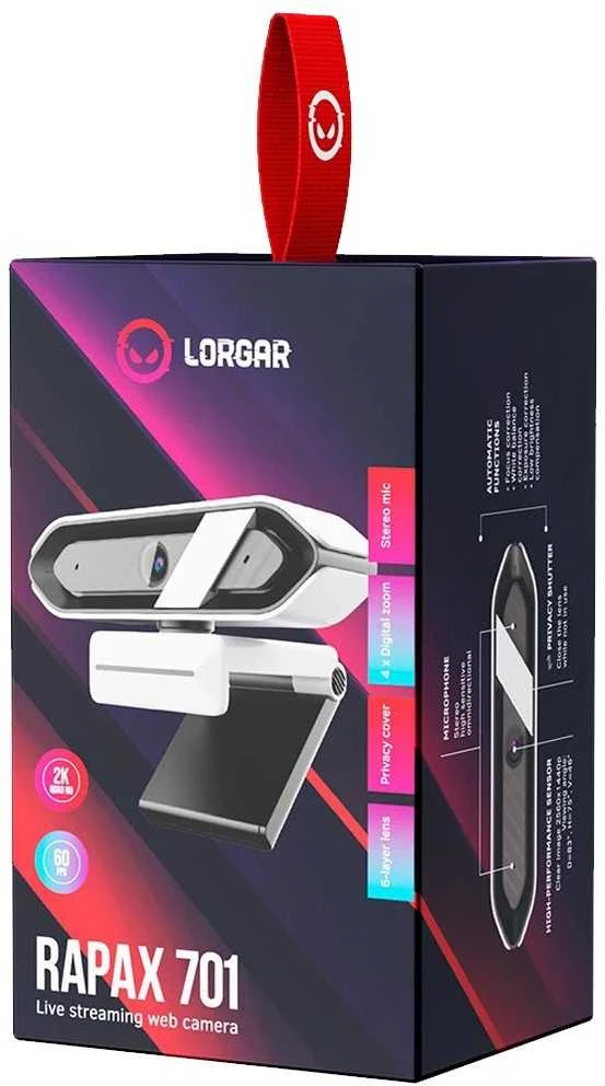 LORGAR Rapax 701, srautinio perdavimo kamera, 2K 1080P/60 kadrų per sekundę, 1/3'', 4Mega CMOS vaizdo jutiklis, automatinis fokusavimas, integruotas didelio jautrumo mažo triukšmo slopinimo mikrofonas, baltos dangos spalva, USB 2.0 Type C, L=2000mm, dydis : 105x46.8x62.5mm, Svoris: 108g