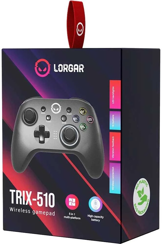 LORGAR TRIX-510, Žaidimų valdiklis, Juodas, BT5.0 Valdiklis su įmontuota 600mah baterija, 1M Type-C įkrovimo laidu, 6 ašių judesio jutiklio palaikymu nintendo jungiklis ,android,PC, IOS13, PS3, normalaus dydžio dongle,juodas