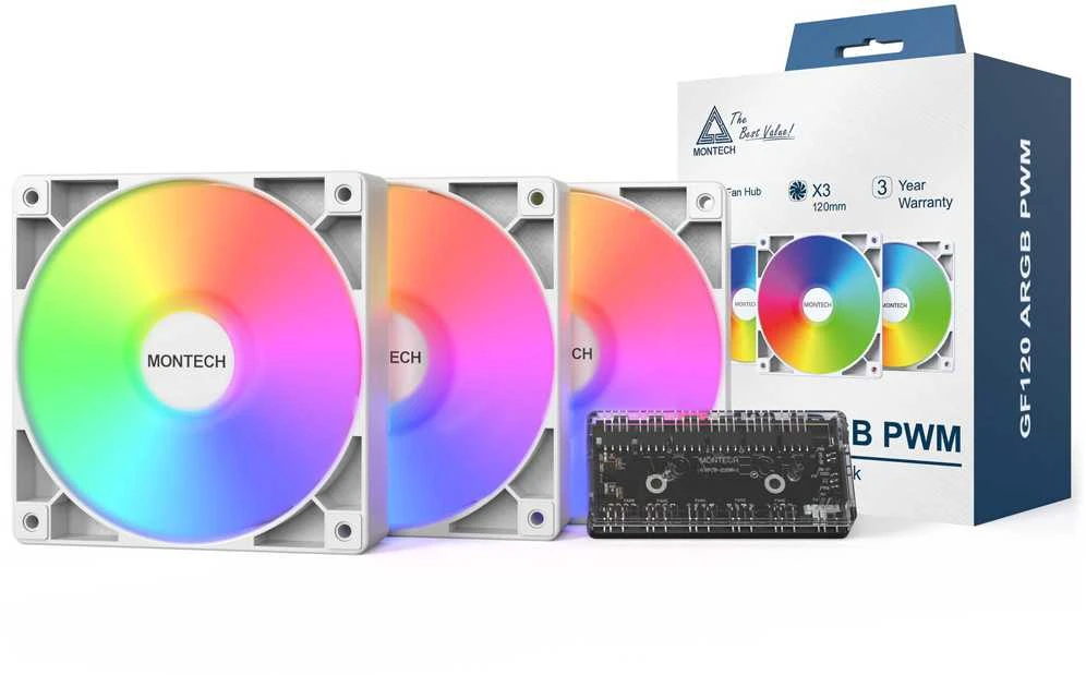 Montech GF120 PWM ARGB korpuso ventiliatorius, 3er Pack – 120mm, baltos spalvos