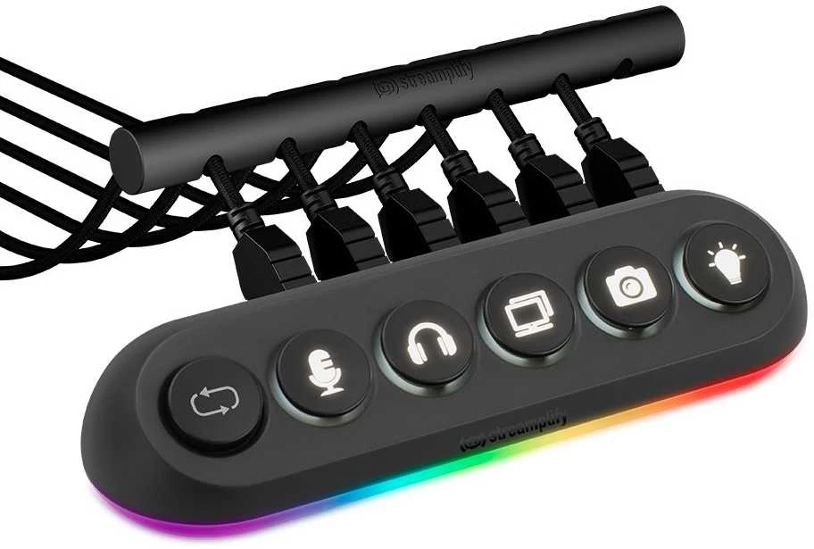 „Streamplify HUB DECK 5“, 4x USB 3.0, 1x USB 2.0, RGB, 12V, ES maitinimo laidas – juodos spalvos