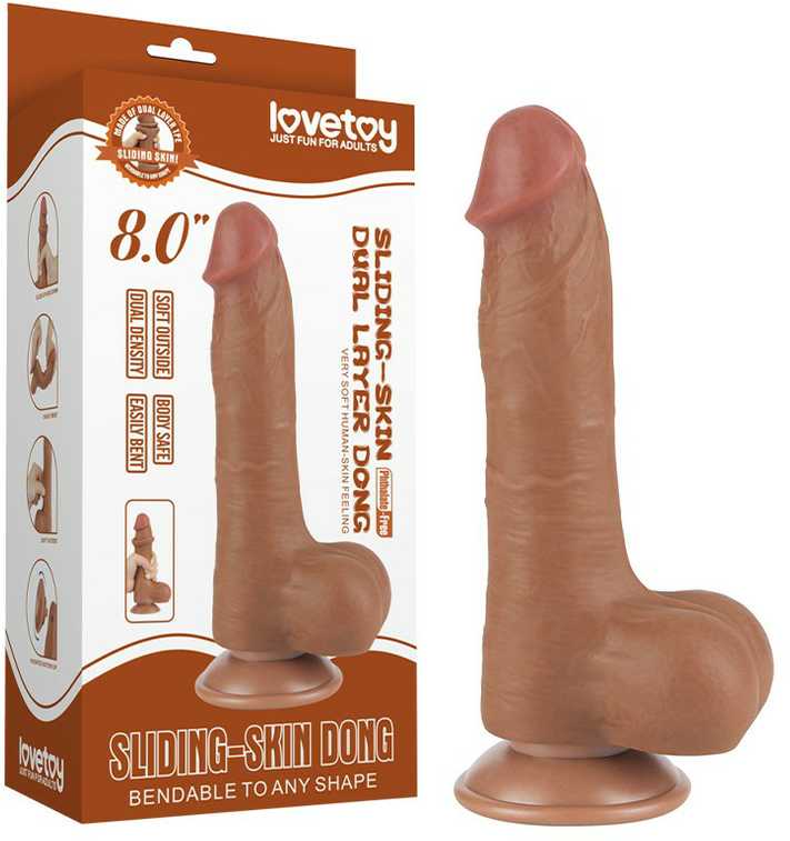 LoveToy 8 colių slankiojančios odos dvisluoksnis dongas, rudas