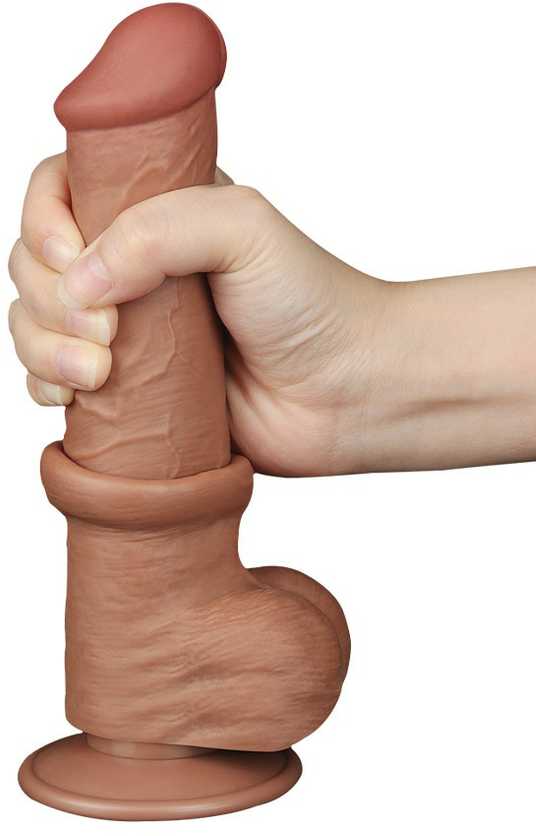 LoveToy 8 colių slankiojančios odos dvisluoksnis dongas, rudas