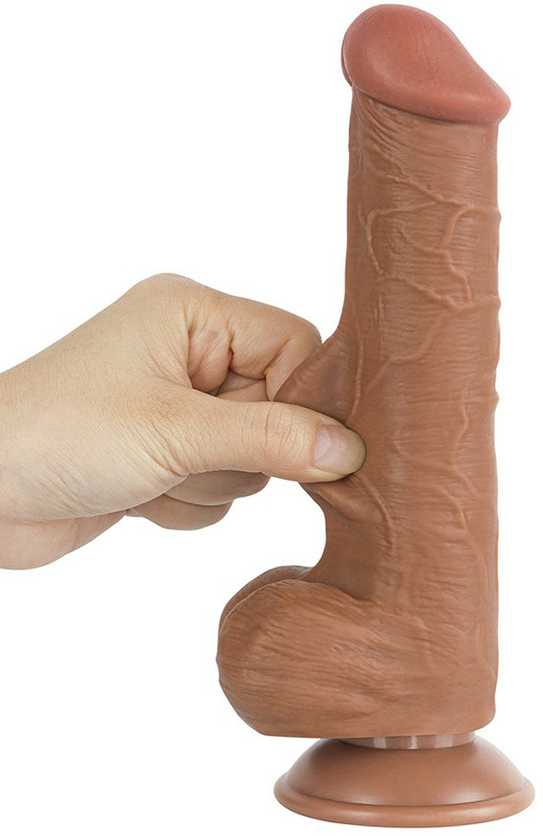 LoveToy 8 colių slankiojančios odos dvisluoksnis dongas, rudas