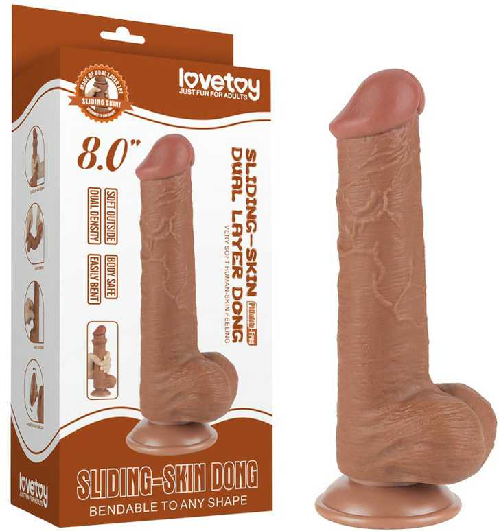 LoveToy 8 colių slankiojančios odos dvisluoksnis dongas, rudas