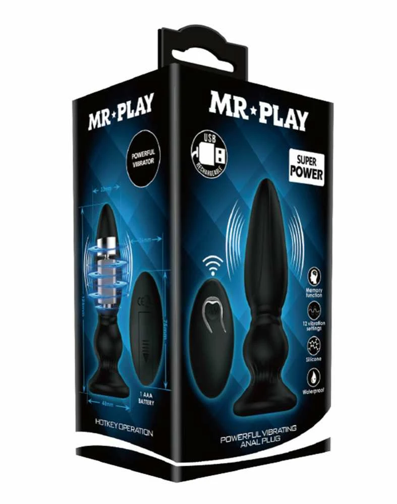 „Mr Play Strong“ vibruojantis įkraunamas analinis kamštelis, 12 cm, 12 režimų