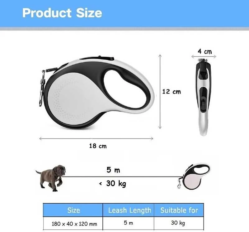 Automatinis pavadėlis su LED žibintuvėliu, 5 m, iki 30 kg, baltas