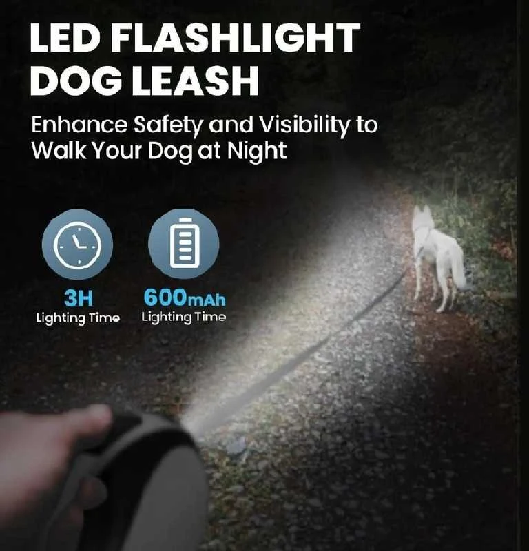 Automatinis pavadėlis su LED žibintuvėliu, 5 m, iki 30 kg, baltas