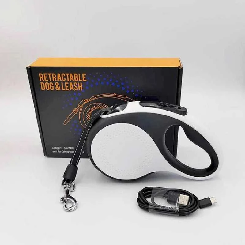 Automatinis pavadėlis su LED žibintuvėliu, 5 m, iki 30 kg, baltas
