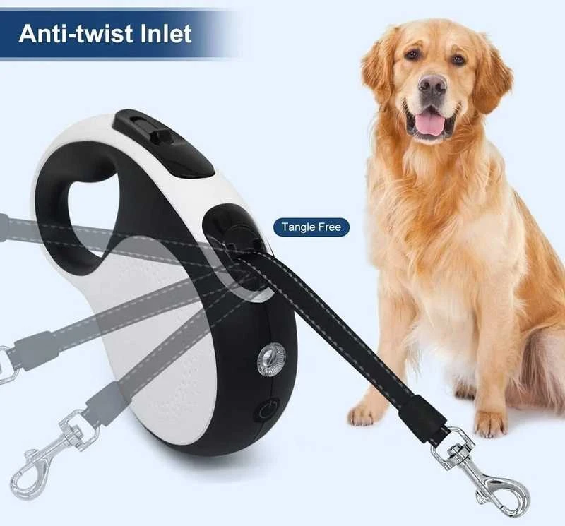 Automatinis pavadėlis su LED žibintuvėliu, 5 m, iki 30 kg, baltas