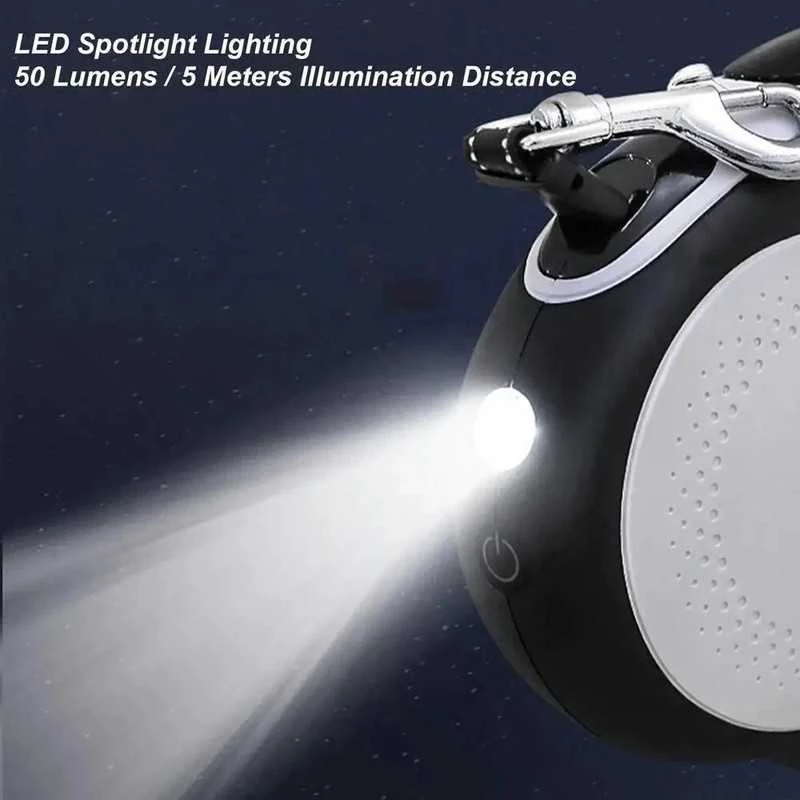 Automatinis pavadėlis su LED žibintuvėliu, 5 m, iki 30 kg, baltas