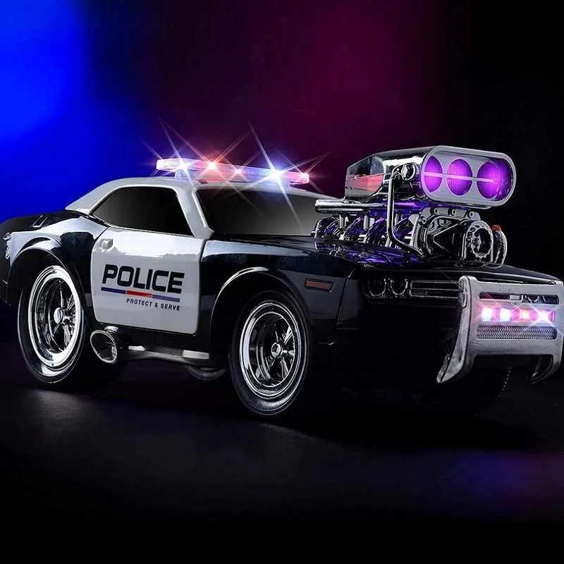 Radijo bangomis valdomas policijos automobilis su šviesos ir garso efektais