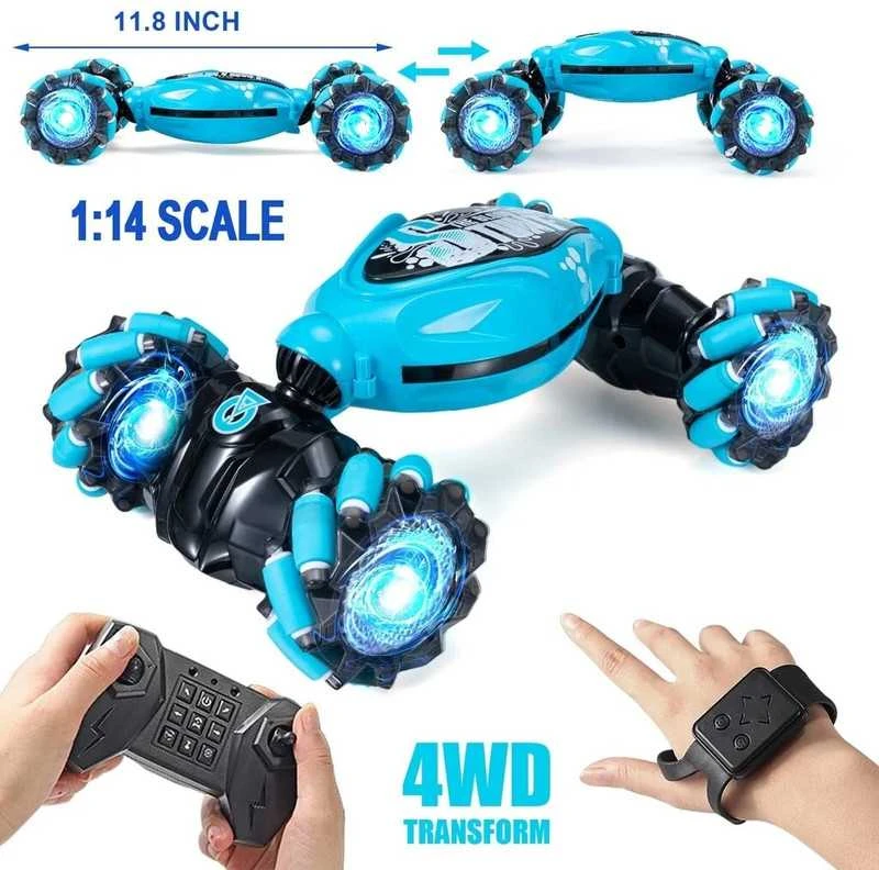 RC mašina automobilis, valdomas nuotolinio valdymo pultu ir rankų gestais, mėlyna
