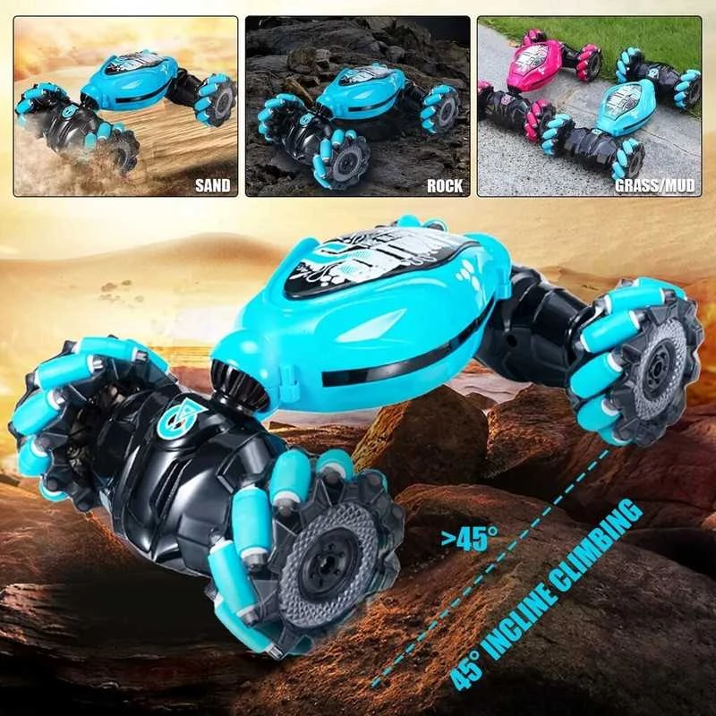 RC mašina automobilis, valdomas nuotolinio valdymo pultu ir rankų gestais, mėlyna