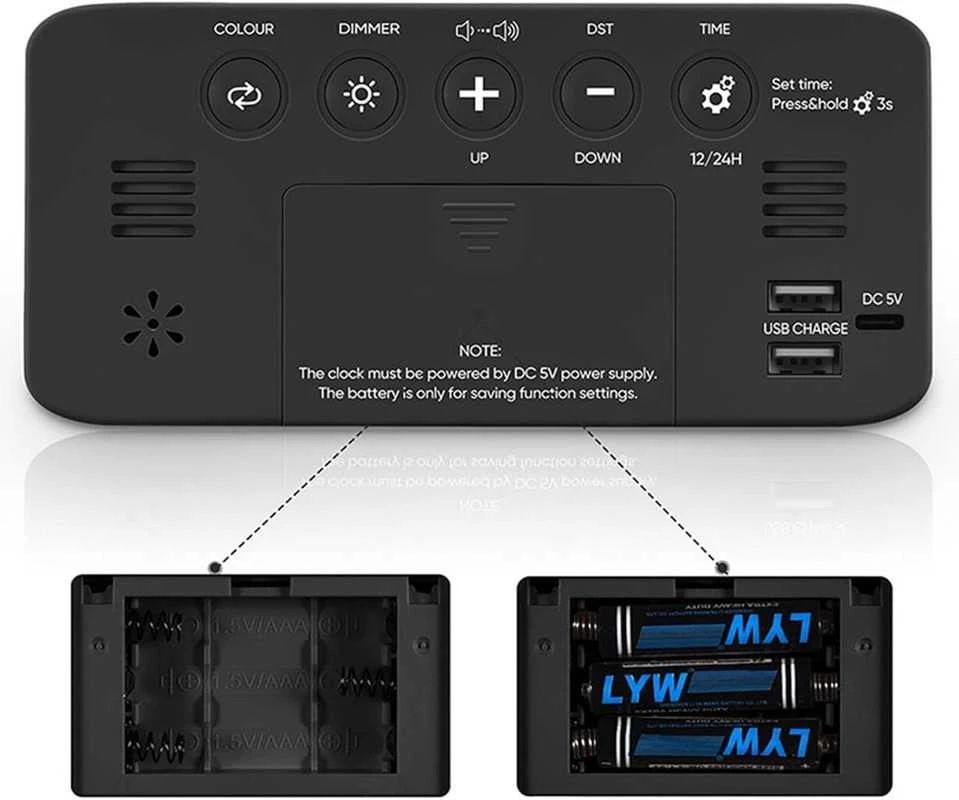 Skaitmeninis žadintuvas miegamajam, 7 spalvų, 2 USB įkrovimo jungtys, LED ekranas su reguliuojamu ryškumu