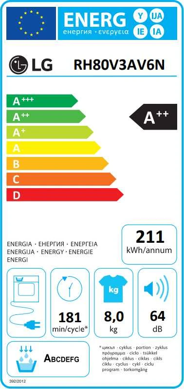 Džiovyklė LG Džiovintuvas RH80V3AV6N Energijos vartojimo efektyvumo klasė A++, Kraunamas iš priekio, 8kg, LED jutiklinis ekranas, Gylis 69 cm, Wi-Fi, Baltas
