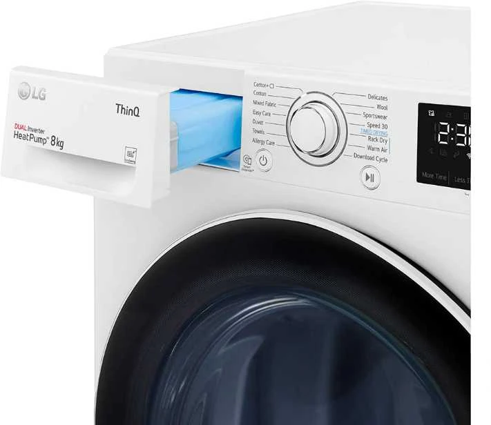 Džiovyklė LG Džiovintuvas RH80V3AV6N Energijos vartojimo efektyvumo klasė A++, Kraunamas iš priekio, 8kg, LED jutiklinis ekranas, Gylis 69 cm, Wi-Fi, Baltas