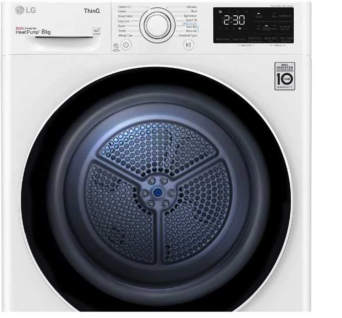 Džiovyklė LG Džiovintuvas RH80V3AV6N Energijos vartojimo efektyvumo klasė A++, Kraunamas iš priekio, 8kg, LED jutiklinis ekranas, Gylis 69 cm, Wi-Fi, Baltas