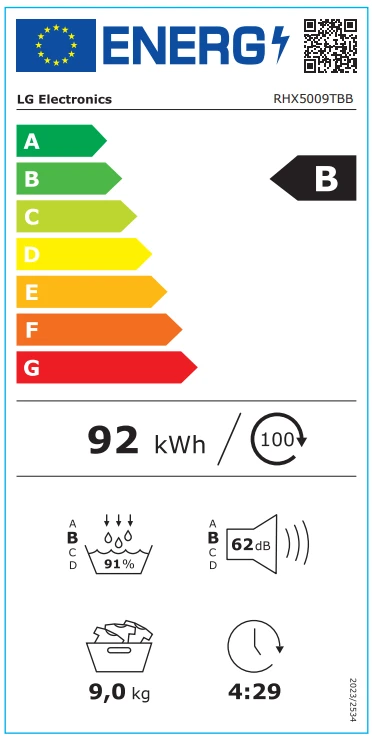 LG džiovyklė | RHX5009TBB | Energijos vartojimo efektyvumo klasė B | Priekinis pakraunamas | 9kg | Šilumos siurblys | LED | 66 cm pločio | Wi-Fi | Matinis juodas