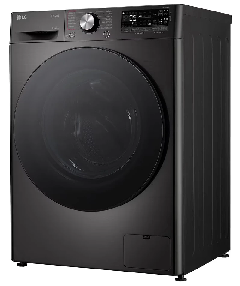 LG | Skalbimo mašina with Dryer | F4DR711S2BA | Energy efficiency class A/D | Front loading | Skalbimo talpa 11 kg | 1400 RPM | Gylis 57 cm | Plotis 60 cm | Ekranas | TFT | Drying system | Drying capacity 6kg | Steam function | Direct drive | Wi-Fi | Juodas