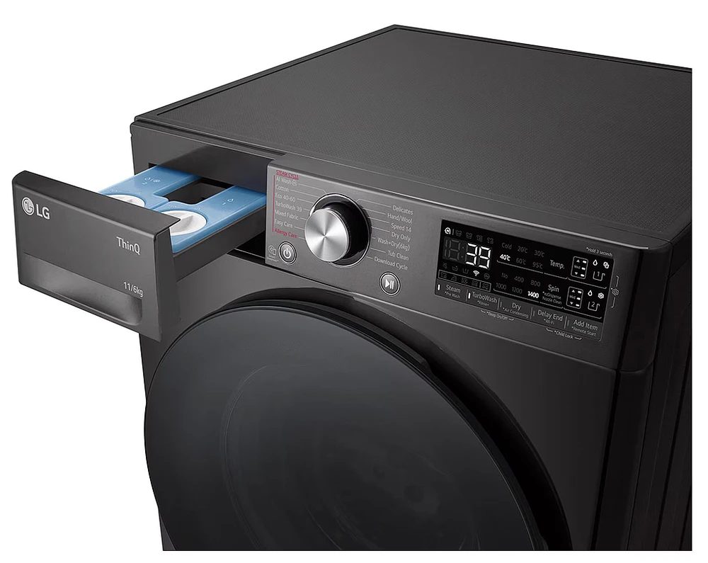 LG | Skalbimo mašina with Dryer | F4DR711S2BA | Energy efficiency class A/D | Front loading | Skalbimo talpa 11 kg | 1400 RPM | Gylis 57 cm | Plotis 60 cm | Ekranas | TFT | Drying system | Drying capacity 6kg | Steam function | Direct drive | Wi-Fi | Juodas