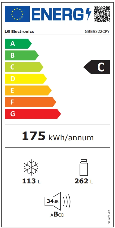 LG Šaldytuvas | GBBS322CPY | Energy efficiency class C | Free standing | Combi | Height 203 cm | Šaldytuvas net capacity 262 L | Šaldiklis net capacity 113 L | Ekranas | 34 dB | Prime Sidabrinis