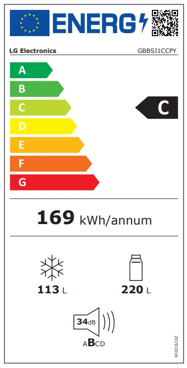 LG Šaldytuvas | GBBSJ1CCPY | Energy efficiency class C | Free standing | Combi | Height 186 cm | Šaldytuvas net capacity 220 L | Šaldiklis net capacity 113 L | Ekranas | 34 dB | Prime Sidabrinis