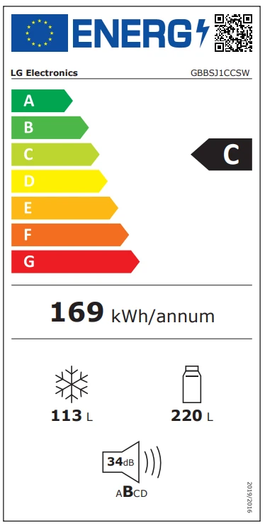 LG Šaldytuvas | GBBSJ1CCSW | Energy efficiency class C | Free standing | Combi | Height 186 cm | Šaldytuvas net capacity 220 L | Šaldiklis net capacity 113 L | Ekranas | 34 dB | Super Baltas