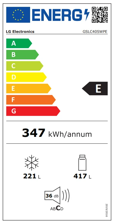 LG Šaldytuvas | GSLC40SWPE | Energy efficiency class E | Free standing | Side by side | Height 179 cm | Šaldytuvas net capacity 417 L | Šaldiklis net capacity 221 L | Ekranas | 36 dB | Baltas