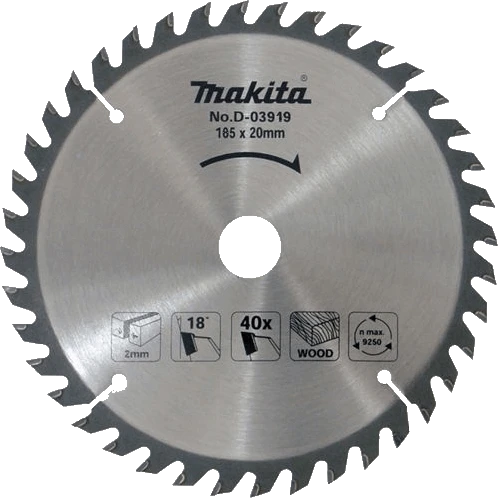 Makita T.C.T. pjūklas 185X2X30mm 18° T40 D-03919 T.C.T • 185 x30 mm • T40 • 18° • Medienai