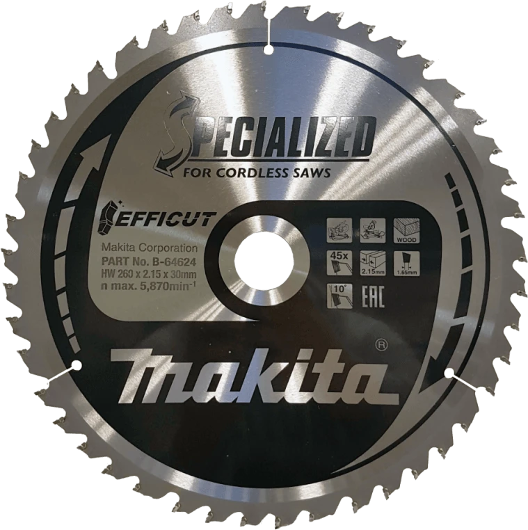 Makita T.C.T. pjūklas EFFICUT 260X2.15X30mm 10° T45 B-64624 T.C.T • 260 x30 mm • T45 • 10° • Medienai