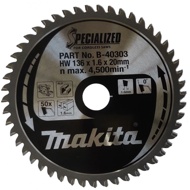 Makita T.C.T. pjūklas SPECIALIZED 136X1.6X20mm 0° T50 B-40294 T.C.T • 136 x20 mm • T50 • 0° • Aliuminiui