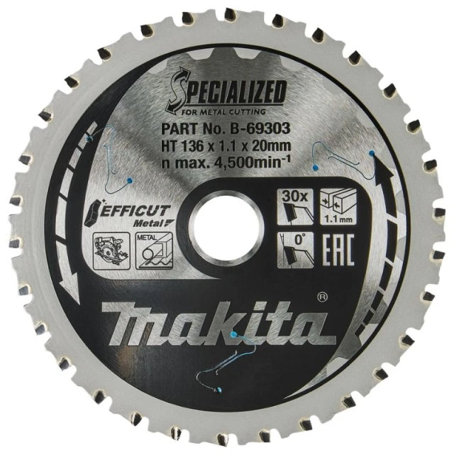 Makita T.C.T. pjūklas EFFICUT METAL 136X1.1X20mm 0° T30 B-69303 T.C.T • 136 x20 mm • T30 • 0° • Metalui