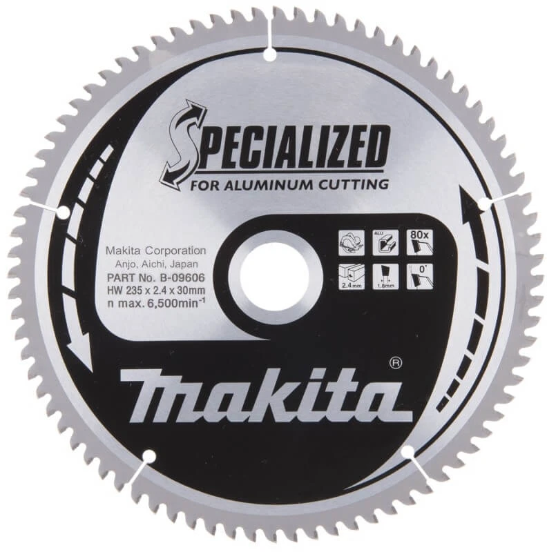 Makita T.C.T. pjūklas SPECIALIZED 235X2.4X30mm 0° T80 B-09606 T.C.T • 235 x30 mm • T80 • 0° • Aliuminiui