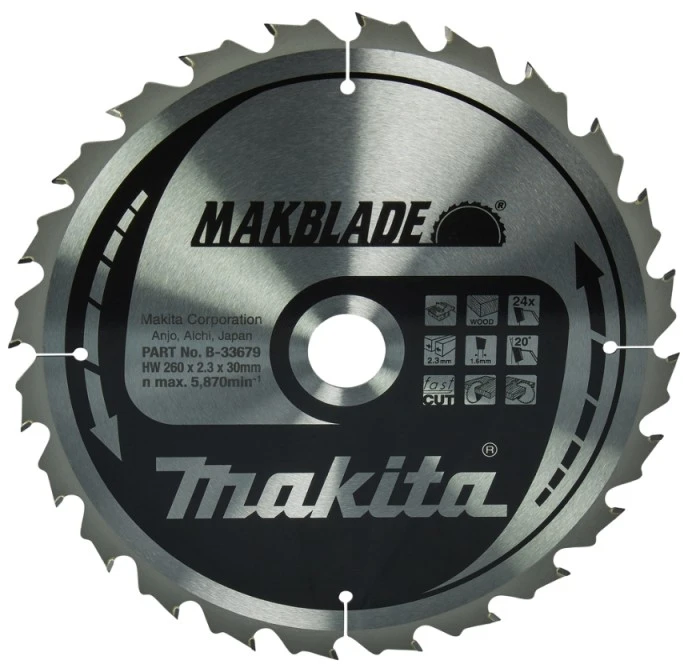Makita B-33679 T.C.T. pjūklas 260X2.3X30mm 20° T24 MAKBLADE