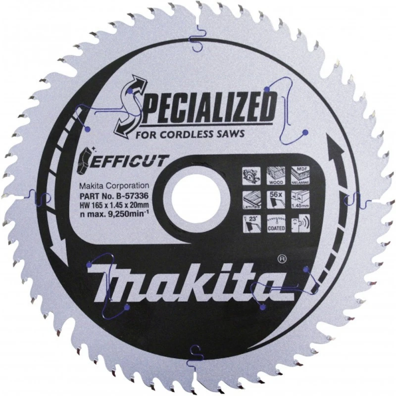 Makita T.C.T. pjūklas EFFICUT 165X1.45X20mm 23° T56 B-57336 T.C.T • 165 x20 mm • T56 • 23° • Medienai/MDF/laminatui