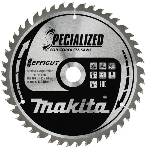 Makita T.C.T. pjūklas 190X20X1,85mm 10° T45 EFFICUT E-11156