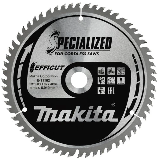 Makita T.C.T. pjūklas 190X20X1,85mm 10° T60 EFFICUT E-11162