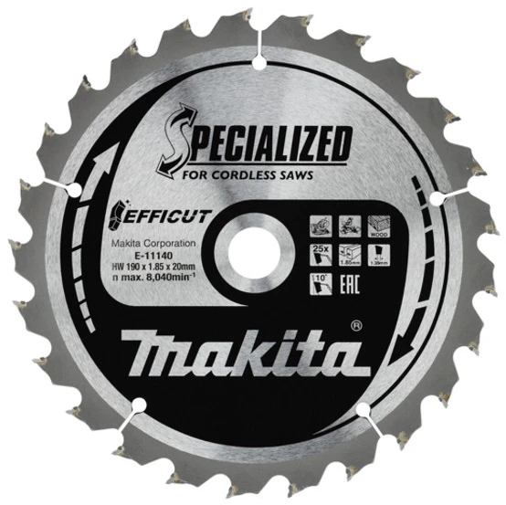 Makita T.C.T. pjūklas 190X20X1,85mm 10° T25 EFFICUT E-11140